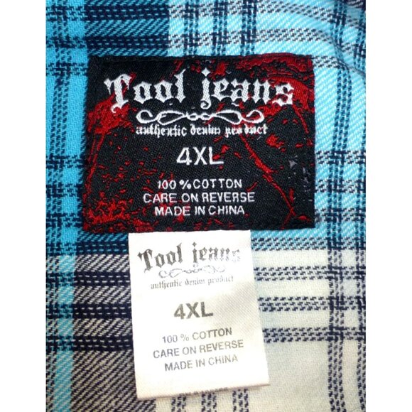 Tool Jeans Mens 4XL Blue Plaid Patchwork Long Sleeve Shirt With Graffiti Print - Picture 4 of 12